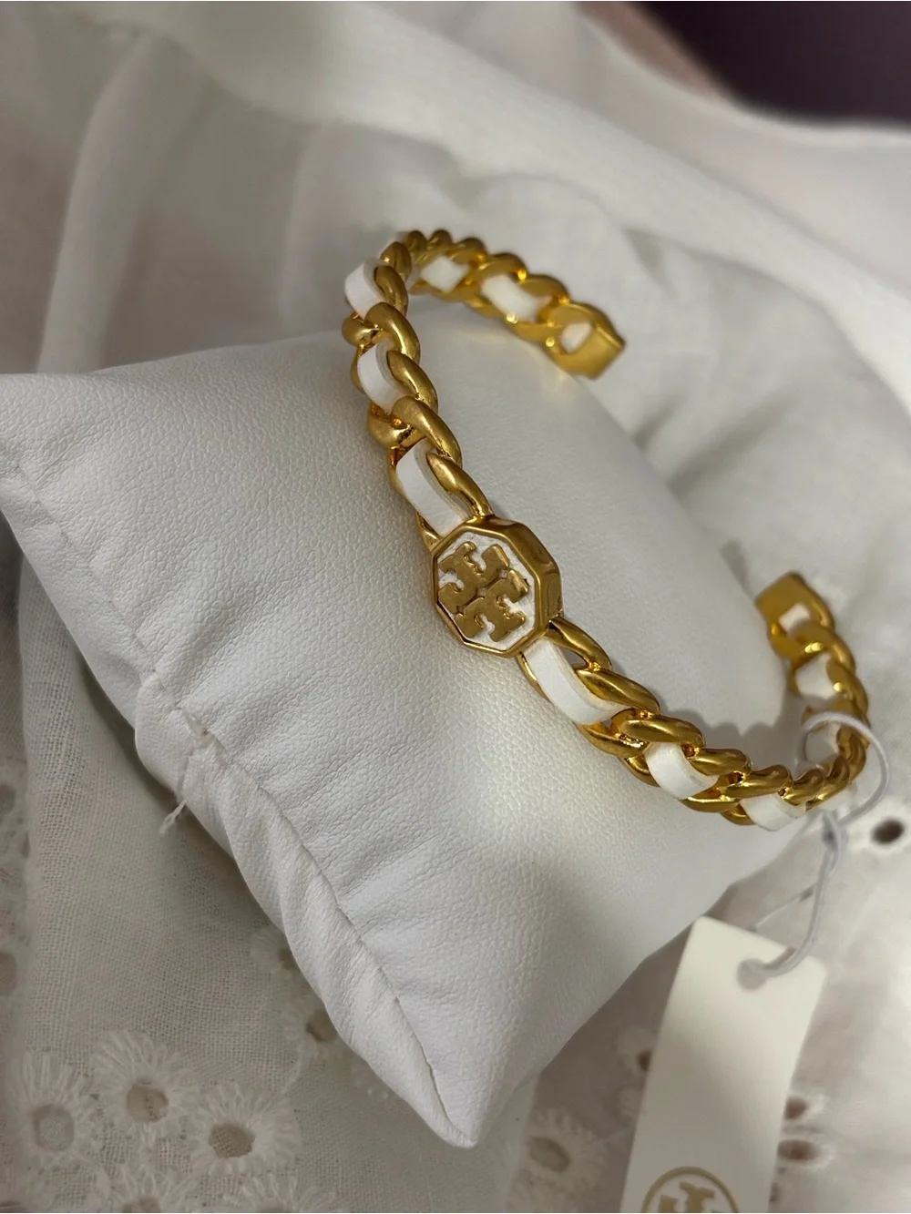 Tory Burch White Enamel and Gold Link Logo Bracelet